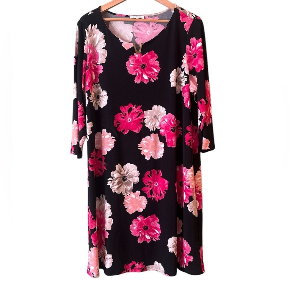 Calvin Klein Floral V-Neck 3/4 Sleeve Shift Dress Black Pink Flowers Plus Sz 1X